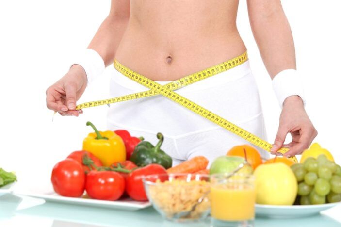 A girl measuring her waist against a background of groceries